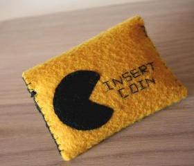 insert coin - mustard felt wallet for coins or cards - geekery pac man inspiration