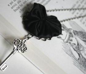 silver skeleton key necklace with fabric heart - black silver romantic