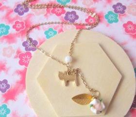 Kitty Loves Rose Lariat Necklace - 14K gold, Cat, Shell Pearl, Leaf & Rose