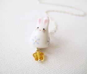 Sterling silver necklace with porcelain rabbit and glass - Bunny Wishes