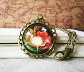 Retro Flower Necklace, Glory Color Image, Domed Glass Cabochon and Antiqued Brass Bezel Set