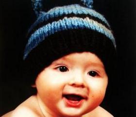 Blue, Grey and Chocolate Brown Striped Hat with Pom Pom
