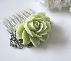 Nile Green Rose Flower Antique Brass Art Nouveau Filigree Hair Comb