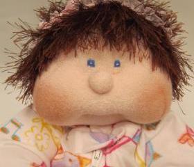 Soft Sculpture Handmade Cloth Baby Doll, Dinky Baby, Brown Hair, Blue Eyes, Child Friendly