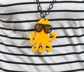 Canary Yellow Octopus Necklace,Plexiglass Octopus with 80s Slot Glasses,Lasercut Acrylic,Gifts Under 25