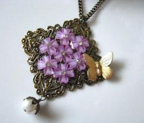 Lavender Flowers Vintage Collage Necklace With Brass Butterfly And White Glass Pearl - Romantic Purple, Antique Brass Filigree, Rhinestone Crystals