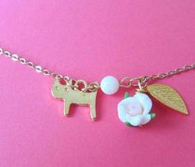 Kitty Loves Rose Bracelet - 14K gold-plated chain, Cat, Shell Pearl, Leaf & Rose