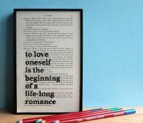 Oscar Wilde Quote Love Oneself Framed Art on upcycled book page