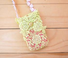 iPhone case, Lace bag with Strap, Lime Green and Pink