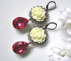 Ivory Cabbage Rose Flower With Vintage Faceted Pink Teardrops Glass Jewels Earrings - Gift For Her, Gift For Mum