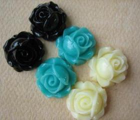 6PCS - Cabbage Rose Flower Cabochons - 15mm - Resin - Blue, Black, and Ivory - Findings by ZARDENIA