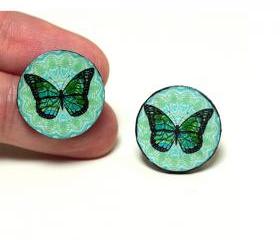 Butterfly Post Earrings, Blue and Mint , Gift for her under 15