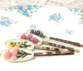 Vintage Intaglio Flower Hair Pins - Bobby Pins - Whimsy - Garden - Bridal - Bridesmaid