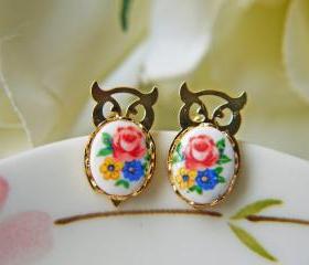Fukuro Vintage Gold Owl Post Earrings. Spring Colorful Flowers. Lucky And Auspicious.