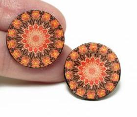 Old School Post Earrings Rosette Mandala , Tangerine Brown, Gift for her under 15
