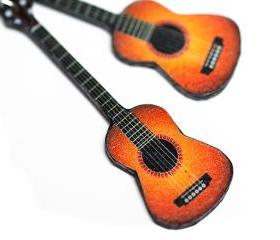 Guitar Earrings, Long dangle - decoupage earrings - brown orange - double faced 