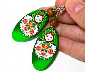Matryoshka Russian doll Earrings - decoupage earrings - brown orange - double faced