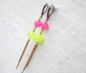 Earrings neon jade drop earrings raw brass chain dangle earrings stone earrings neon earrings leverback earrings