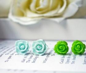 Sale. Light Blue And Green Rose Flower Earring Set. Stainless Steel Posts.