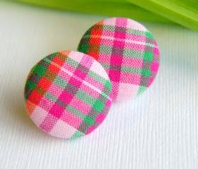 Pink Plaid with Orange and Green Stripes Button Earrings