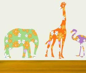 Pretty Floral Elephant Giraffe Flamingo wall decals Nursery Decor