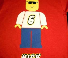 Minifigure Birthday Shirt with Name- Custom Hand Cut Applique on Red Shirt
