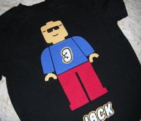 Minifigure Birthday Shirt with Name- Custom Hand Cut Applique on Black shirt