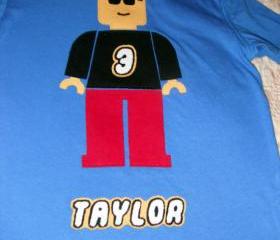 Minifigure Birthday Shirt with Name- Custom Hand Cut Applique on Blue Shirt