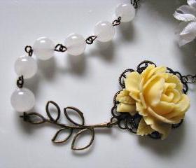 Light Yellow Rose With Round White Quartz Gemstone And Brass Filigree Leaves Branch Necklace