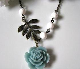 Indicolite Blue Layered Peony With Disco Faceted White Jade And Vintage Leafy Branch Necklace