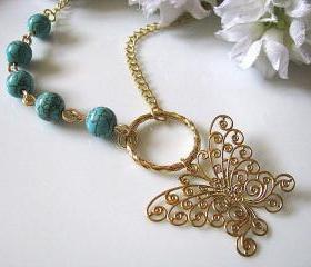 Soft Golden Butterfly Pendant with Blue Turquoise Beads Necklace