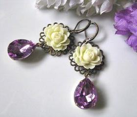 Ivory Cabbage Rose Flower With Vintage Faceted Light Amethyst Teardrops Glass Jewels Earrings - Gift For Her, Gift For Mum
