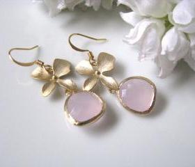 Orchid And Pink Rose Cut Glass Earrings In Gold