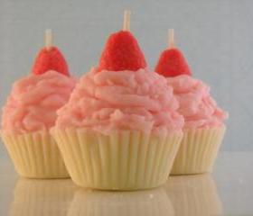 4 Pink Strawberry Shortcake Scented Mini Cupcake Candles Made with all natural soy wax