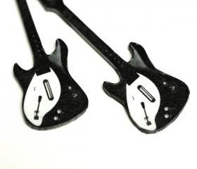 Guitar Earrings, Long dangle - decoupage earrings - Black & White - double faced
