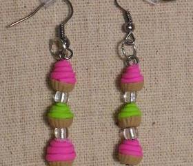 Pink and Lime Green Butter-cream Cupcake Earrings