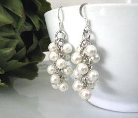 Bridal Ivory Cream Faux Pearls Cascading Cluster Earrings - Bridesmaids Earrings - Bridal Earrings