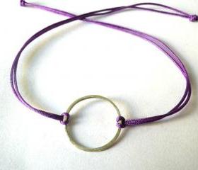 Good karma sterling silver bracelet -Circle bracelet-Purple nylon cord