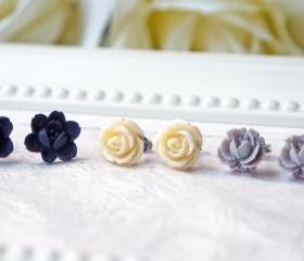 Sale. Black White Grey Flower Earring Set. Neutral. Monotone. Gothic.Titanium Posts. Jewelry Set