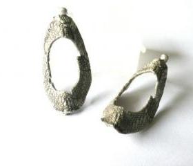 Sterling silver textured hoops-Lace texture ear studs-Oval earrings-Modern design-Large hoop