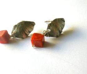 Coral Ear Studs Oxidised Sterling Silver Textured Petals Red-Lost wax method