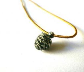 Pine cone necklace-Tiny -Golden Brown silk thread-Lost wax method-Oxidised-Nature