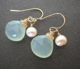 Aqua Chalcedony and Pearl Earrings
