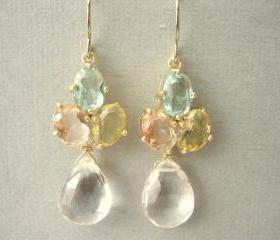 Pastel, Green, Yellow, Pink Glass and Clear Quartz Earrings