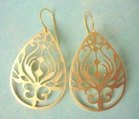 Large Gold Earrings, Matte Gold Filigree Teardrop