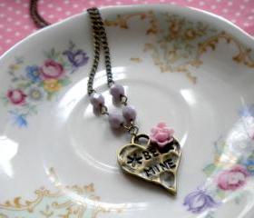 Heart Necklace - Lilac Flower Cabochon Necklace