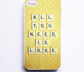 iPhone Case. Vintage Scrabble. All You Need is Love. White Phone Case. iPhone 4 and 4S Accessory. Yellow White Polka Dots. Mothers Day.