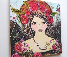 Wood mounted print wall art Flora folk art angel large 10 x 10 inch hand worked