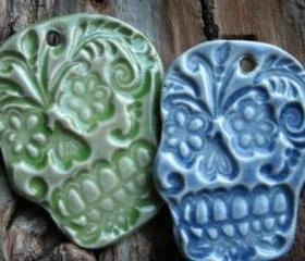 Green Sugar Skull pendant stoneware