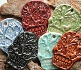 Green Sugar Skull Cabochon stoneware